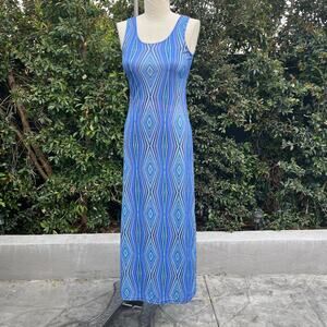 Vintage 90s USA Anytime in Los Angles Y2K Blue Purple Geometric Long Tank Dress